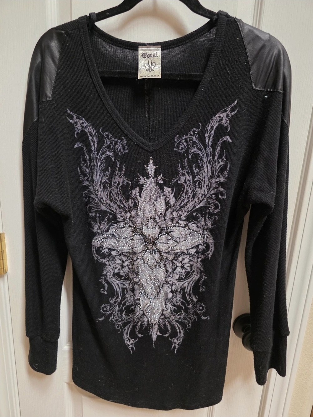 Vocal Black V-Neck Embellished Rhinestone Sweatshirt